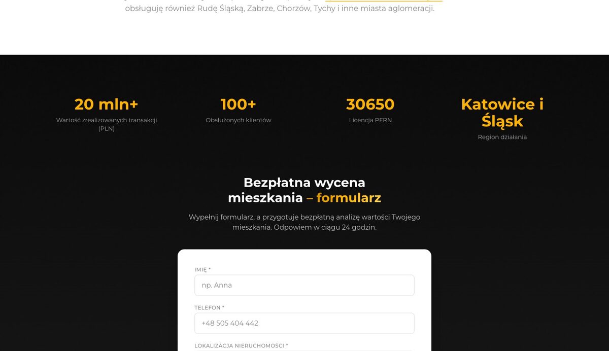 Sekcja z formularzem bezpłatnej wyceny mieszkania oraz statystykami doświadczenia agenta