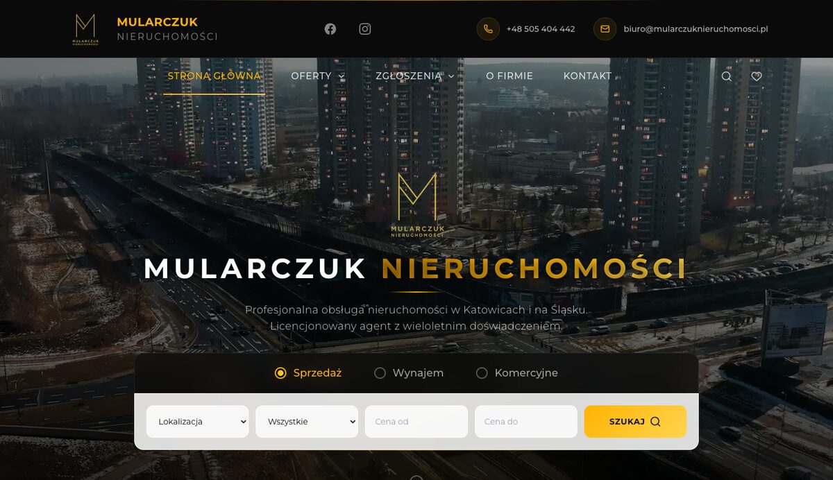 Strona główna Mularczuk Nieruchomości — sekcja hero z wyszukiwarką ofert