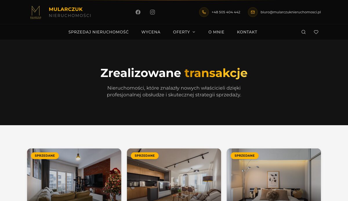 Sekcja Zrealizowane transakcje na stronie Mularczuk Nieruchomości, z ofertami oznaczonymi jako sprzedane